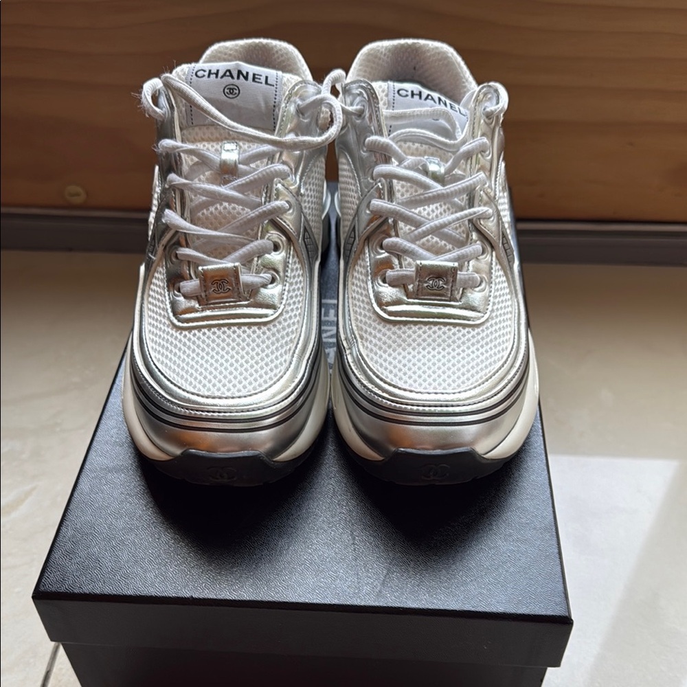 Chanel White and Silver Sneakers